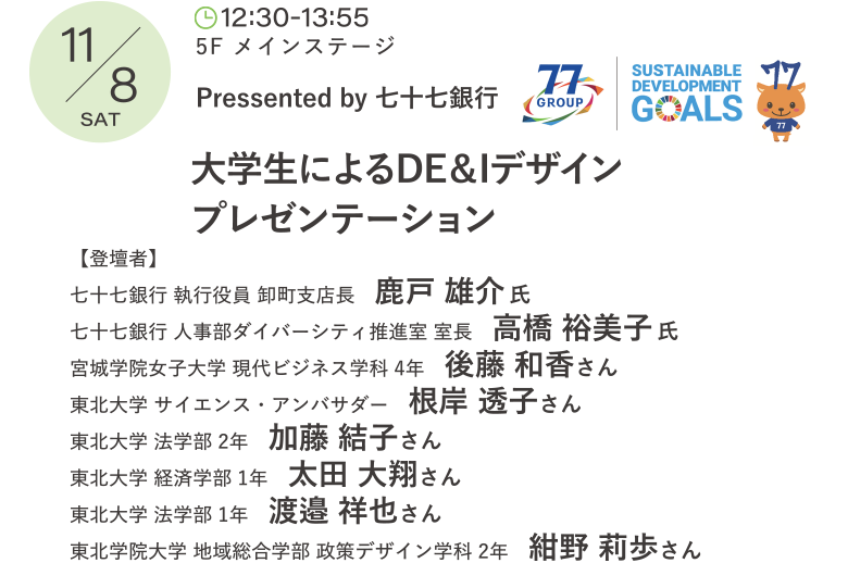 Pressented by 七十七銀行 大学生によるDE＆Iデザインプレゼンテーション 登壇者：七十七銀行　執行役員　卸町支店長　鹿戸 雄介 氏、人事部ダイバーシティ推進室　室長　高橋 裕美子 氏、宮城学院女子大学 現代ビジネス学科 4年　後藤 和香さん、東北大学 サイエンス・アンバサダー　根岸 透子さん、東北大学 法学部 2年　加藤 結子さん、東北大学 経済学部 1年　太田 大翔さん、東北大学 法学部 1年　渡邉 祥也さん、東北学院大学 地域総合学部 政策デザイン学科 2年　紺野 莉歩さん