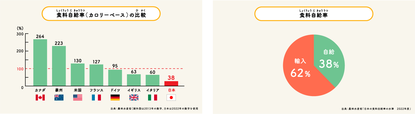 「食料自給率の比較」&「食料自給率」グラフ